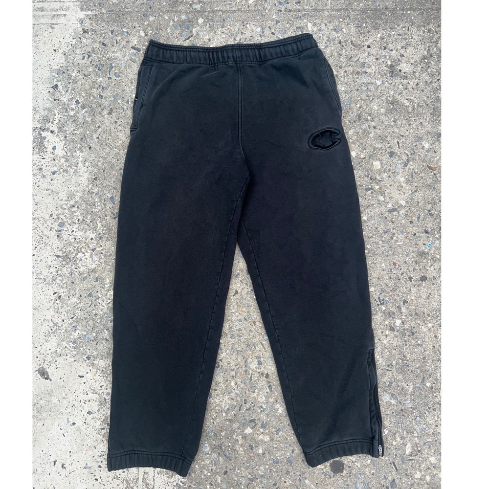 Champion Mens Heavyweight Black Fleece Sweatpants Zip Joggers Embroidered Y2K